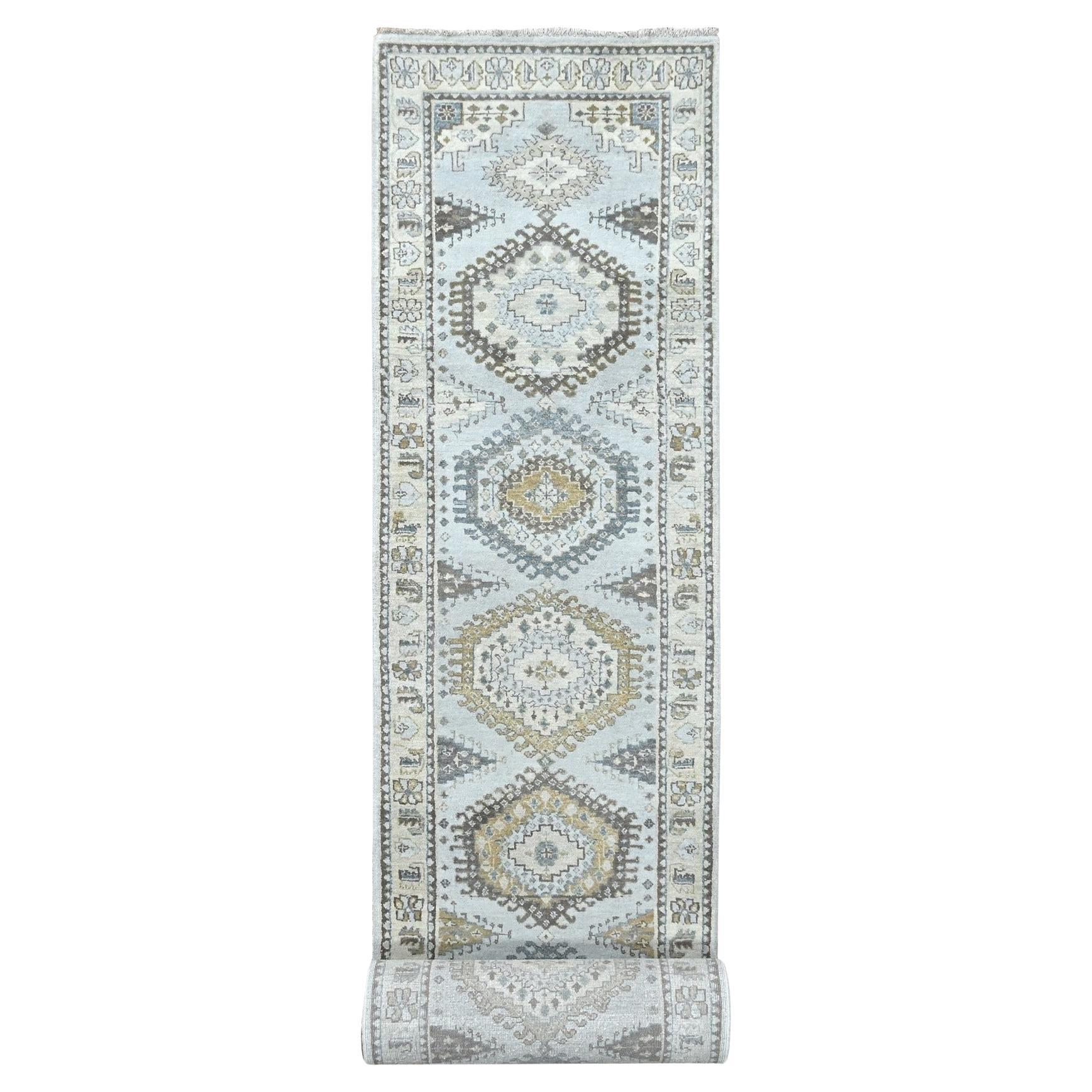 2'9 "x18' Bianco Grigio, Lana, Annodato a mano, Tappeto Runner XL di ispirazione Persiana