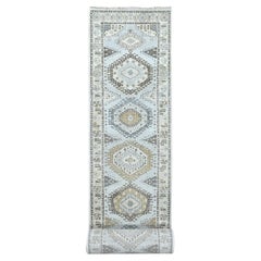 2'9 "x18' Bianco Grigio, Lana, Annodato a mano, Tappeto Runner XL di ispirazione Persiana