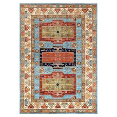 6'x8'6" Maya Blue Armenian Inspired Caucasian Design Hand Knotted All Wool Rug