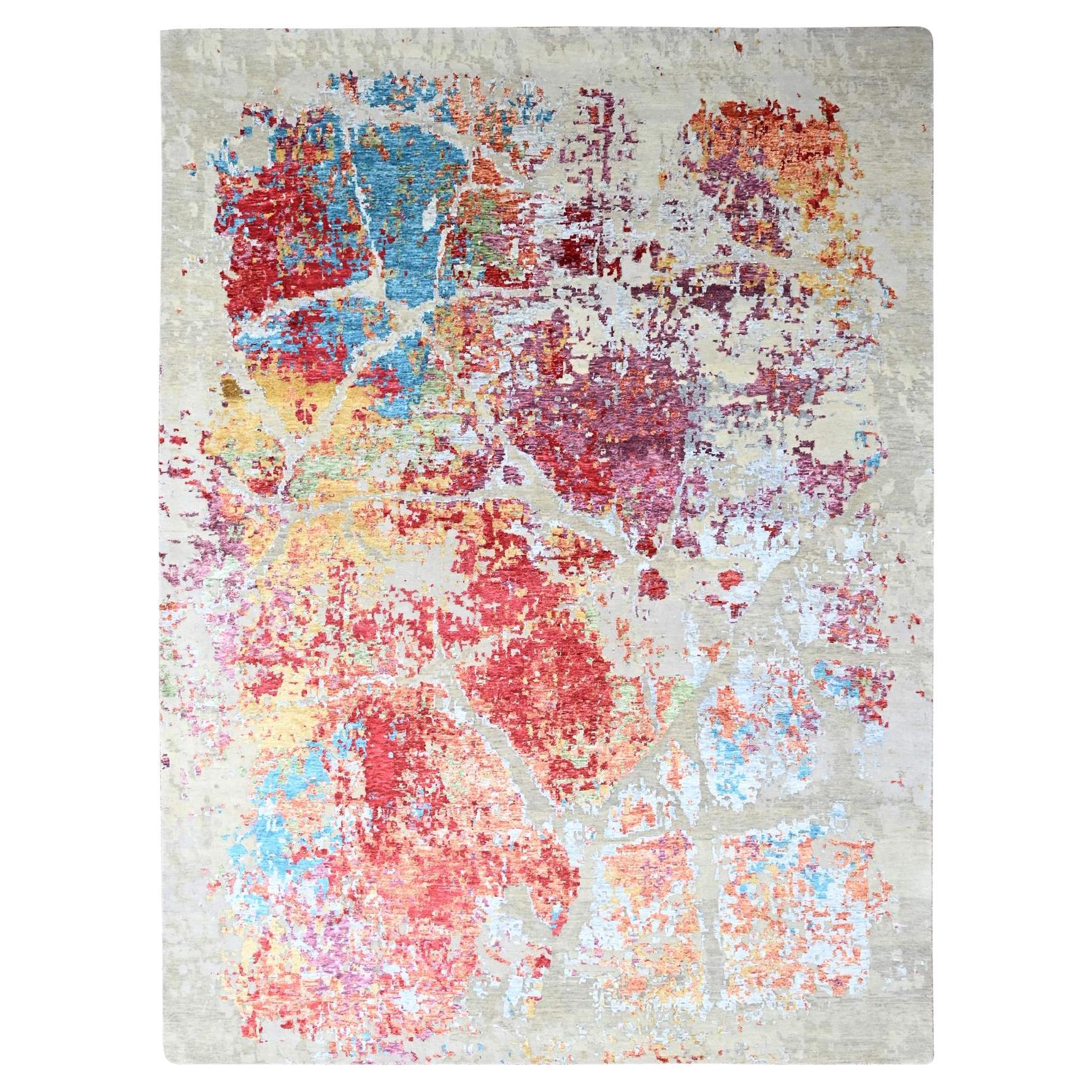 9'1"x12' Imperial Red Colorful Abstract Design Wool and Silk Hand Knotted Rug