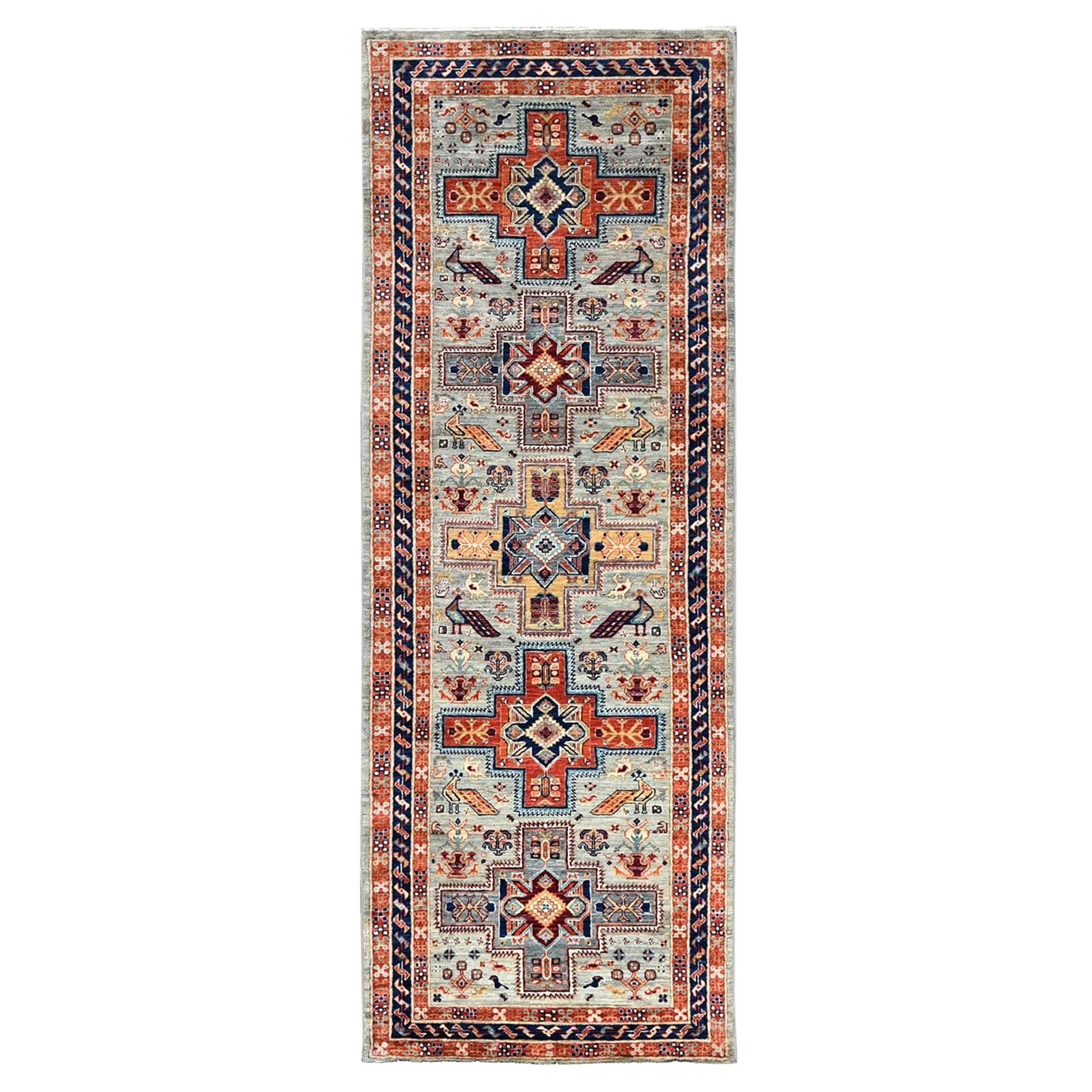 2'9 "x7'6" Pastellgrau Kaukasisches Design Handgeknüpft Weiche Wolle Läufer Teppich