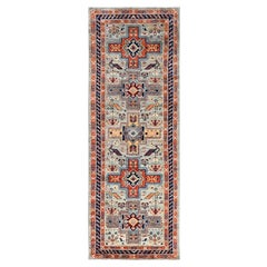 2'9"x7'6" Pastel Gray Caucasian Design Hand Knotted Soft Wool Runner Rug