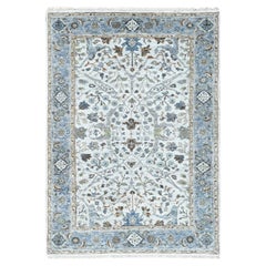 4'x5'9" Coton blanc Oushak avec motifs floraux Pure laine Tapis noué à la main