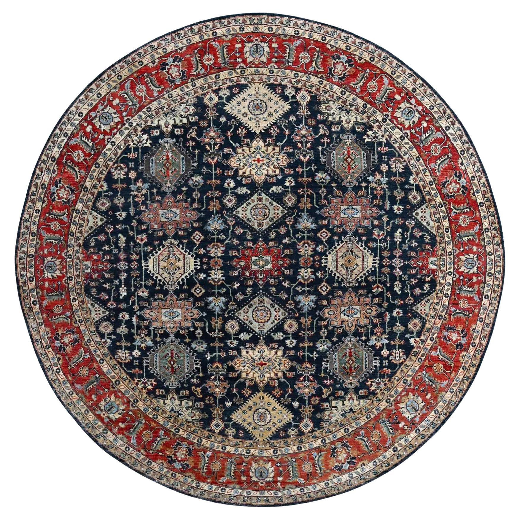 10'x10' Power Noir Noué à la main Karajeh Design Pure Laine Tapis Oriental Rond en vente