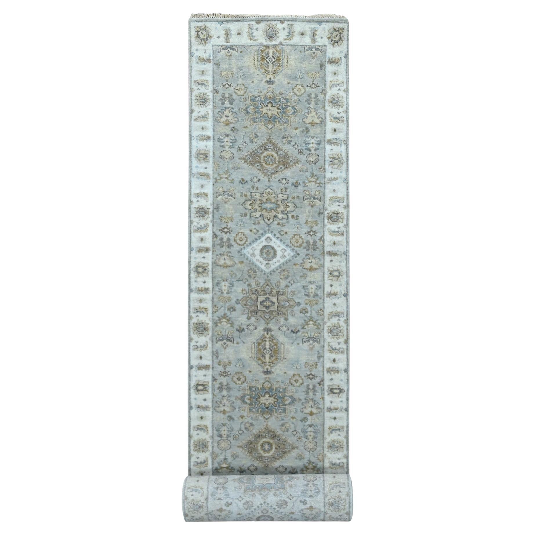 2'6 "x18' Grauer Karajeh und Geometrisches Design Natürliche Wolle Handgeknüpft Läufer Teppich