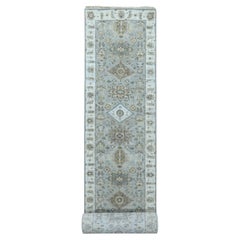 2'6"x18' Gray Karajeh and Geometric Design Natural Wool Hand Knotted Runner Rug