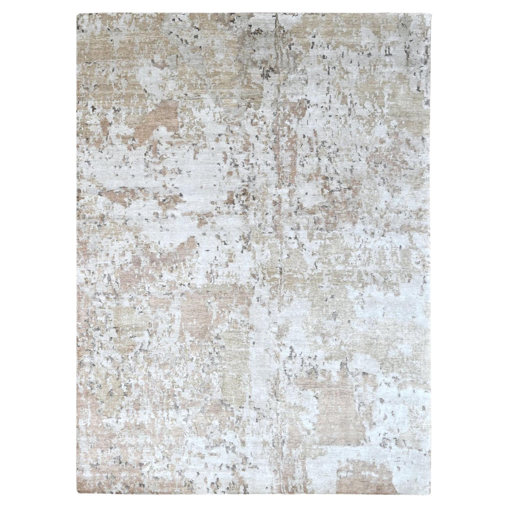 9'x12'1" Biber Braun Erdton Farben Abstraktes Design Handgeknüpfter Seidenteppich im Angebot