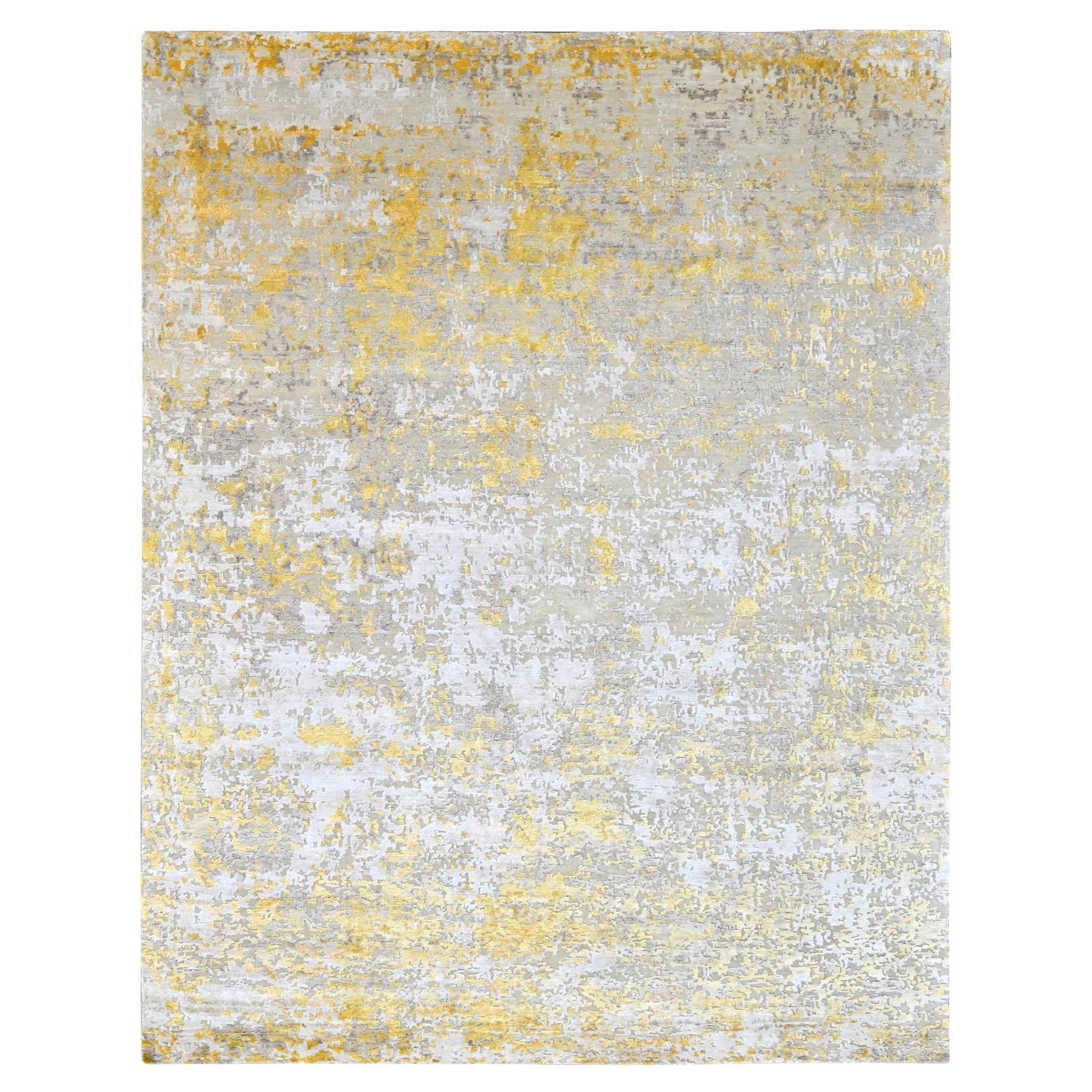 8'x9'9" Beige-Oro Hi-Low Pile Abstract Design Lana e Seta Annodato a Mano Rugs