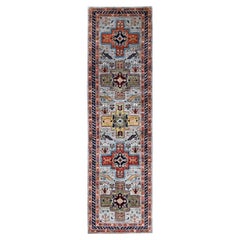 2'8"x9'8" Gray Armenian Inspired Caucasian Design Hand Knotted Wool Runner Rug
