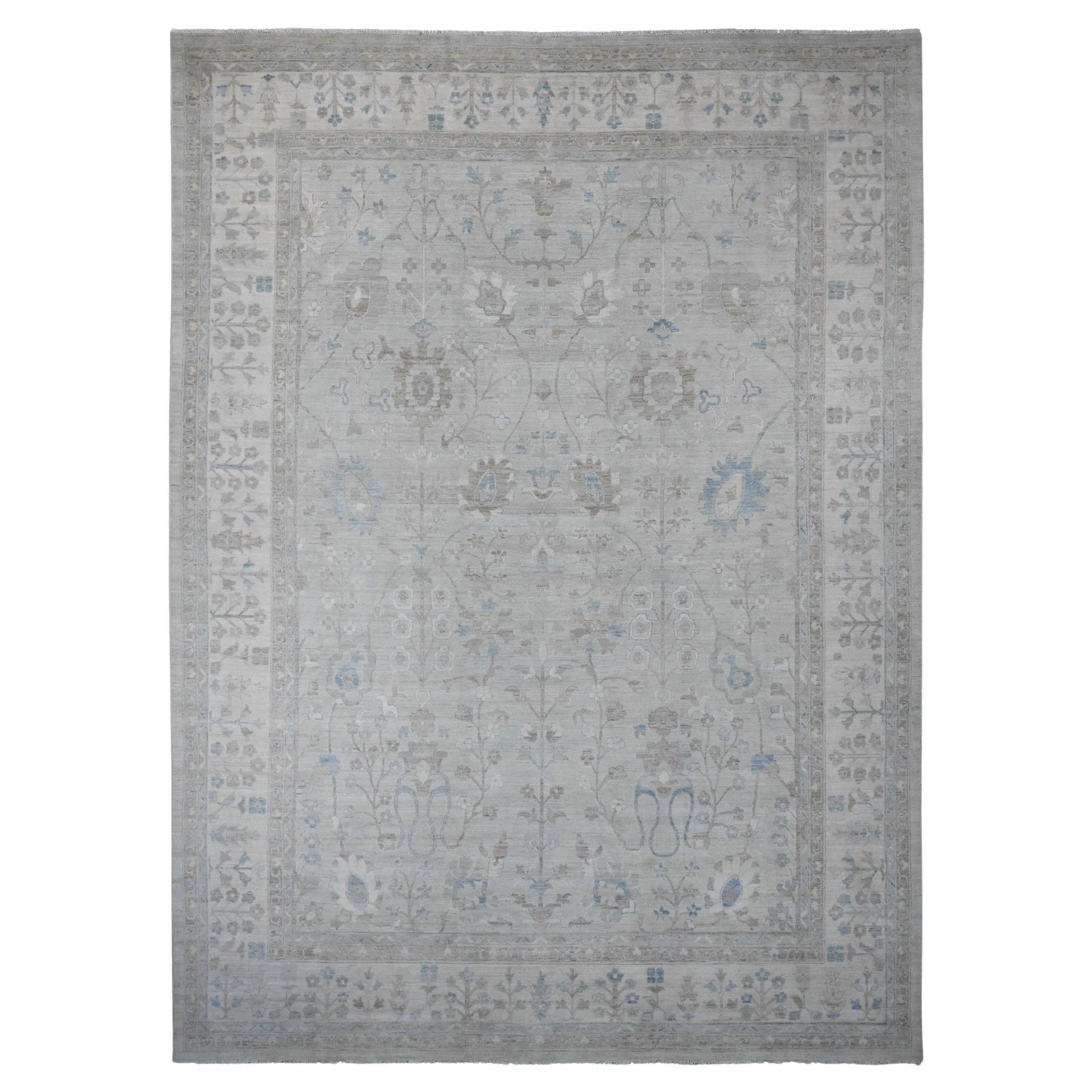11'1 "x15'2" Misty Grau Weiß Waschen Peshawar Floral Motifs Hand Knotted Wool Rug