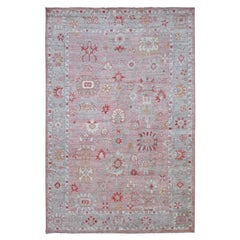6'x9'1" Pink Afghan Angora Oushak Leaf Design Hand Knotted Wool Oriental Rug