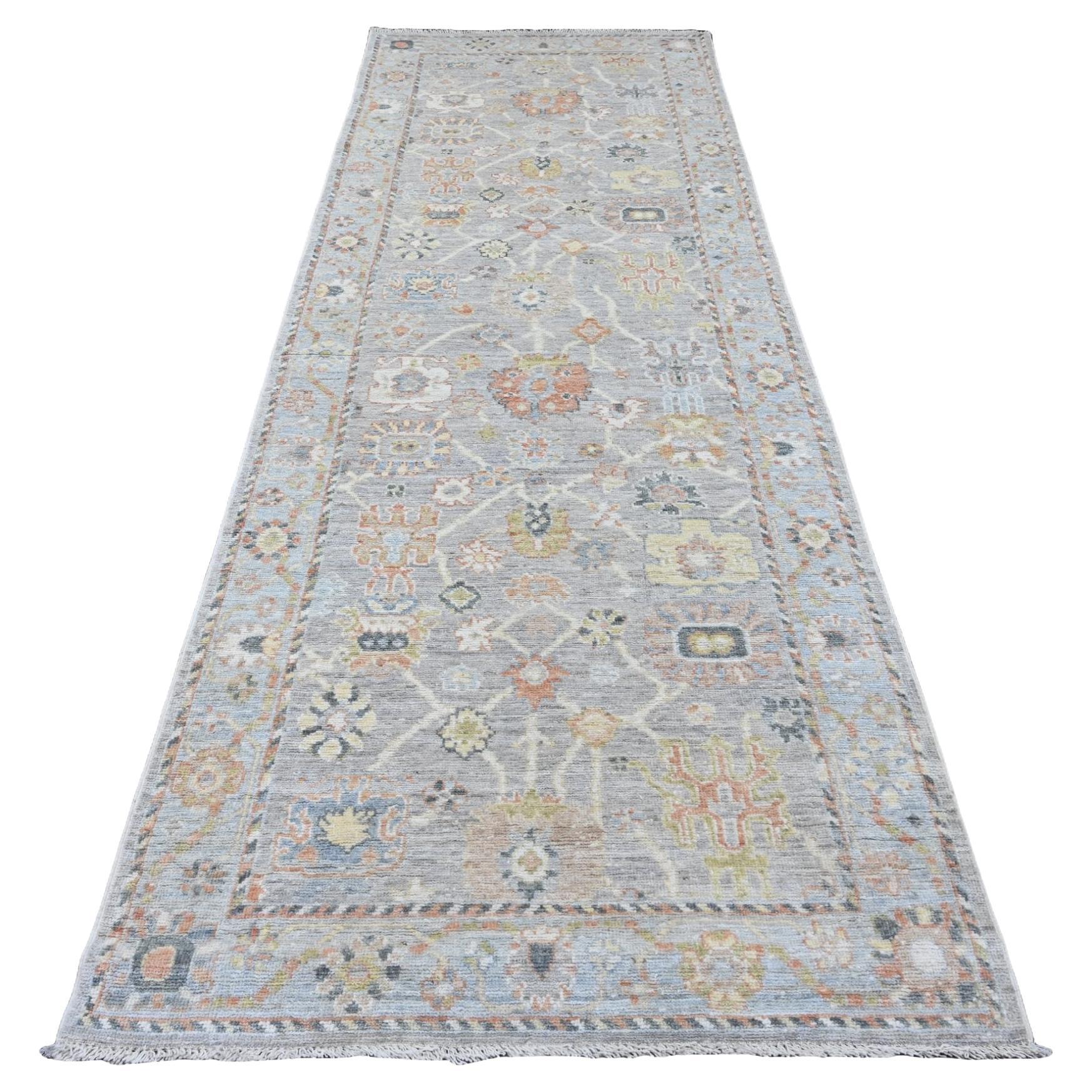 4'x11'4" Grau Hand geknüpft Afghan Angora Oushak Floral Design Wolle Läufer Teppich