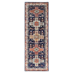 2'7"x7'9" Blue Runner Armenian Inspired Caucasian Design Wool Oriental Rug