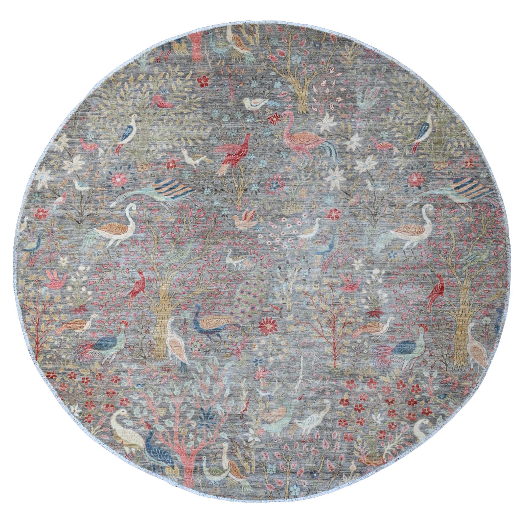 9'9 "x9'9" Gray Afghan Peshawar Birds of Paradise Design Tappeto rotondo annodato a mano