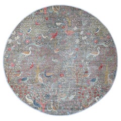 9'9 "x9'9" Gray Afghan Peshawar Birds of Paradise Design Tappeto rotondo annodato a mano