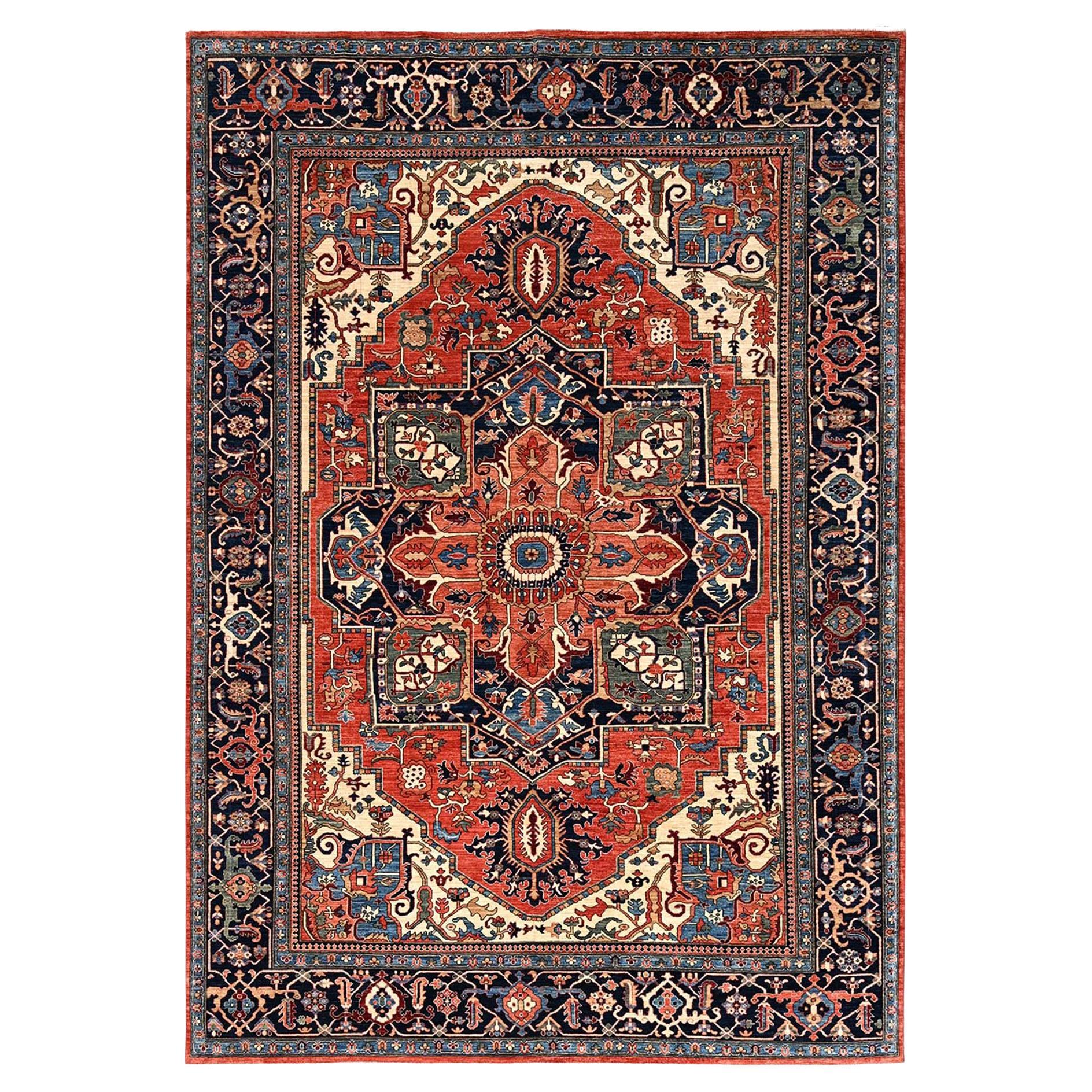 9'10"x14'3" Red Serapi Heriz with Large Medallion Design Hand Knotted All Wool R For Sale
