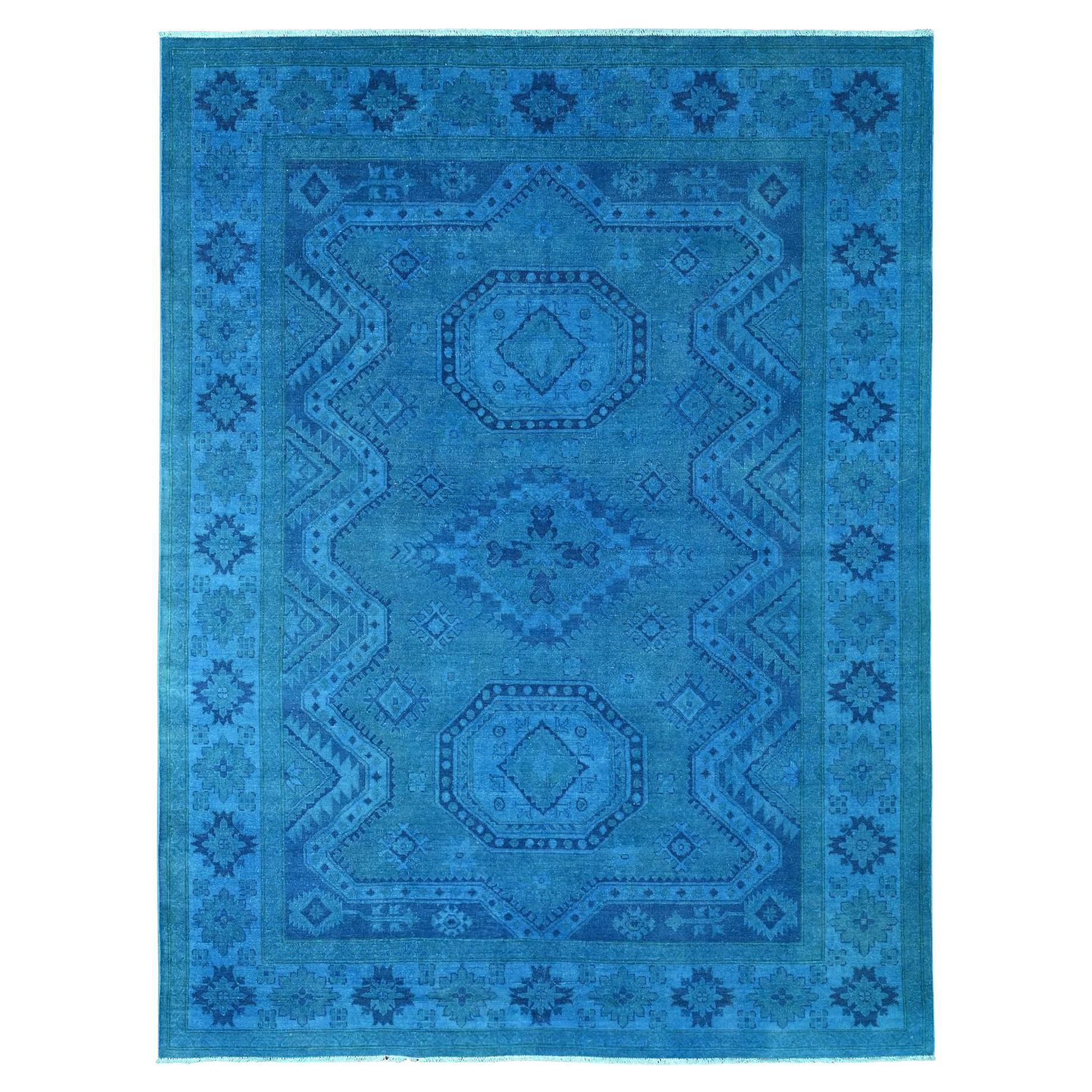 7'8 "x10'1" Bayern Blue Annodato a mano e sovratinto Kazak Design/One geometrico in pura lana Ru