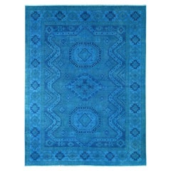 7'8"x10'1" Bayern Blue Hand Knotted Overdyed Kazak Geometric Design Pure Wool Ru