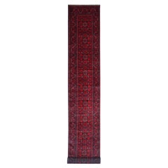 2'5"x19'2" Red Afghan Khamyab Star Medallion Design Hand Knotted Wool Runner Rug