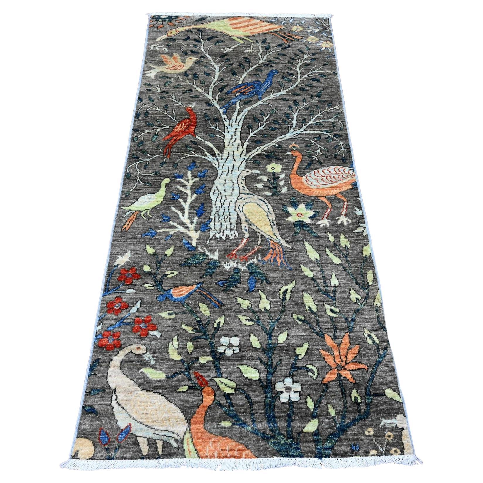 2'6 "x5'9" Tapis de course entièrement en laine nouée à la main, gris Afghan Knhawar Birds Designs
