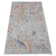3'1"x4'9" Green Afghan Peshawar Birds of Paradise Design Hand Knotted Wool Rug
