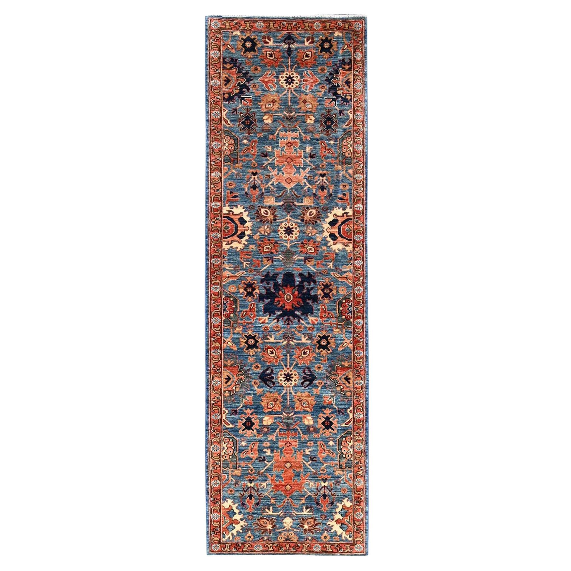 3'x10' Blau Aryana Grade Heriz All Over Design Hand geknüpft Wolle Läufer Teppich im Angebot