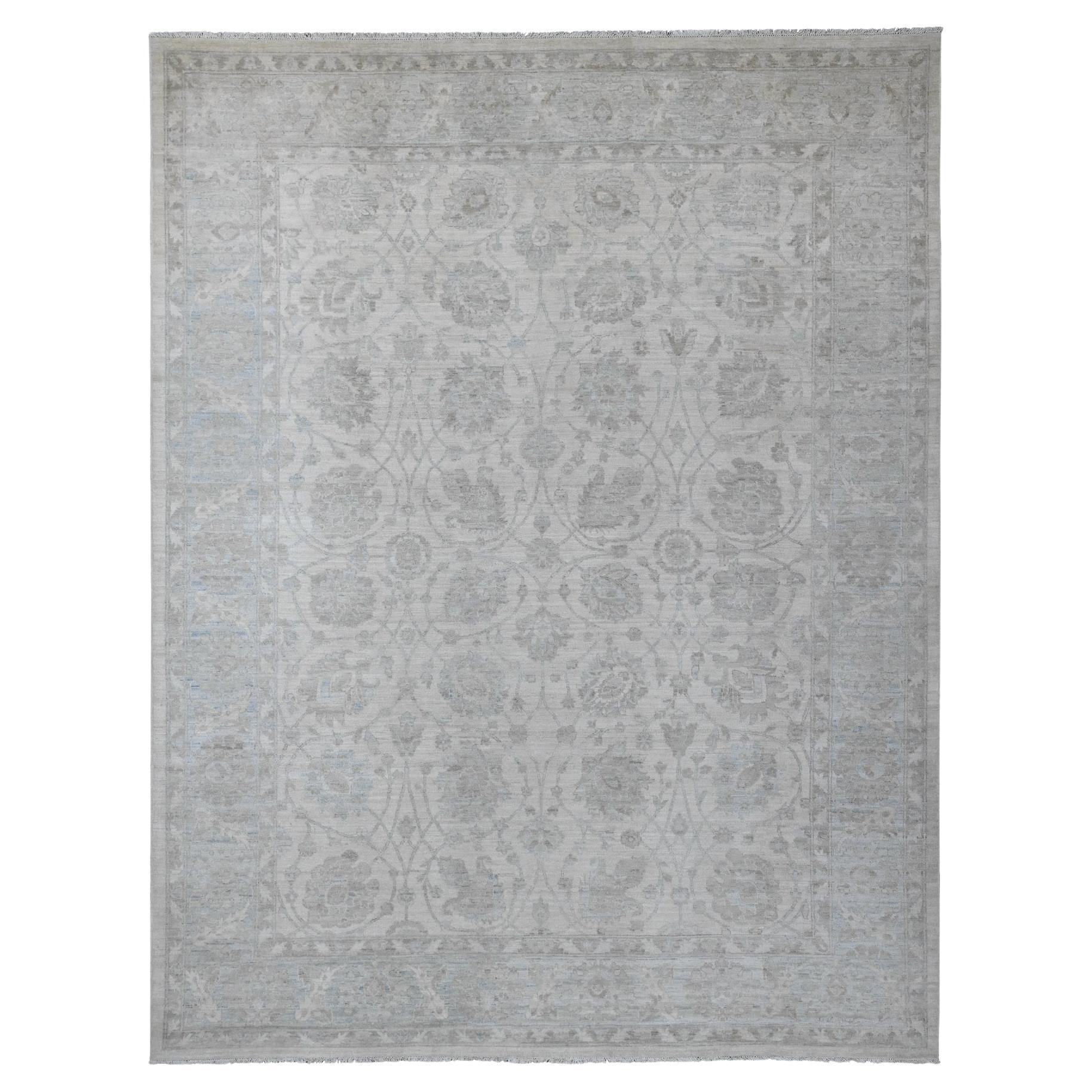 9'2 "x11'10" White Washed Out Peshawar All Over Leaf Design Hand Knotted Wool Rug