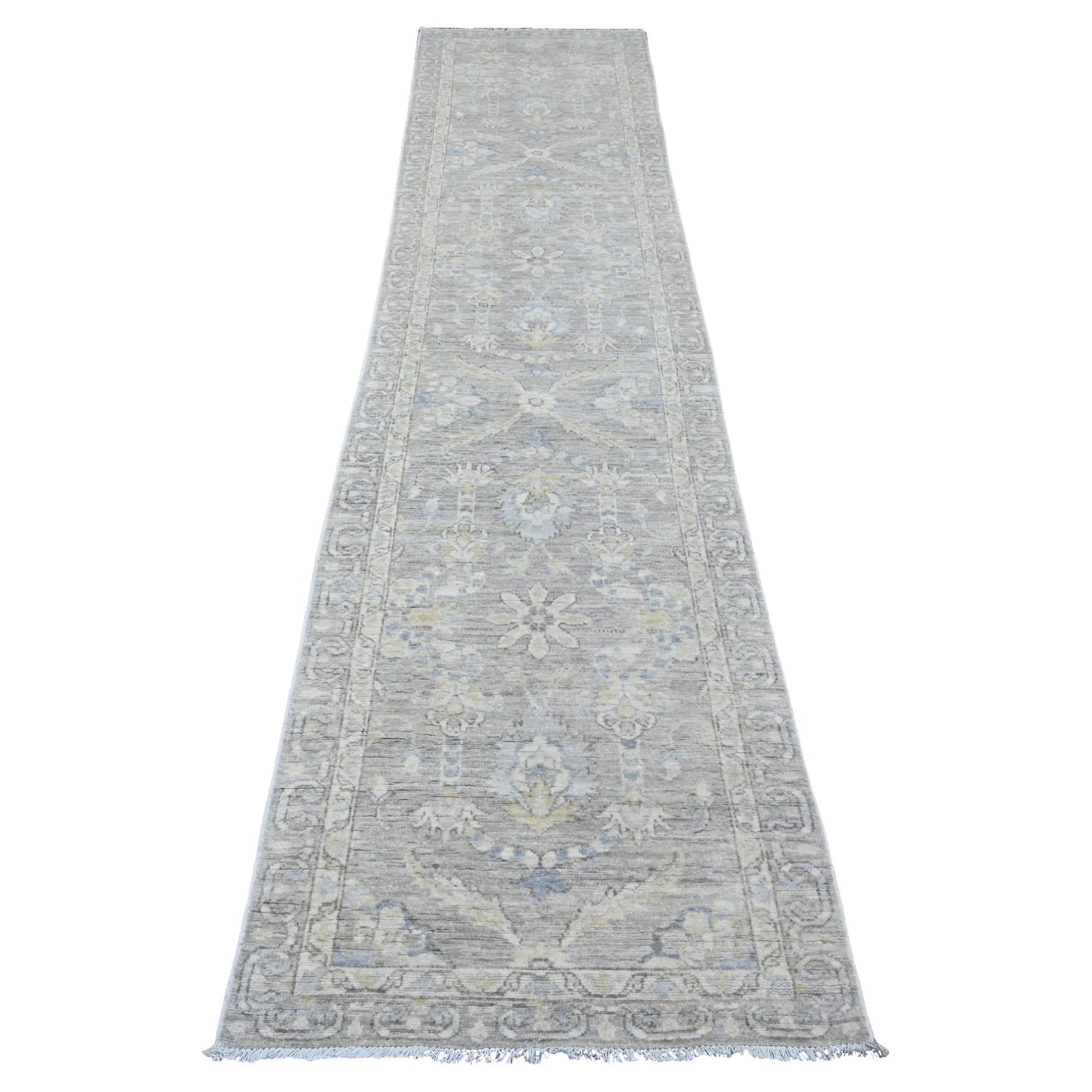 2'8 "x11'9" Grau ausgewaschen Peshawar Blatt Design Hand geknotet reine Wolle Läufer
