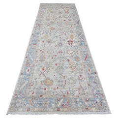4'x12'3' White Hand Knotted Afghan Angora Oushak Leaf Design Wool Runner Rug
