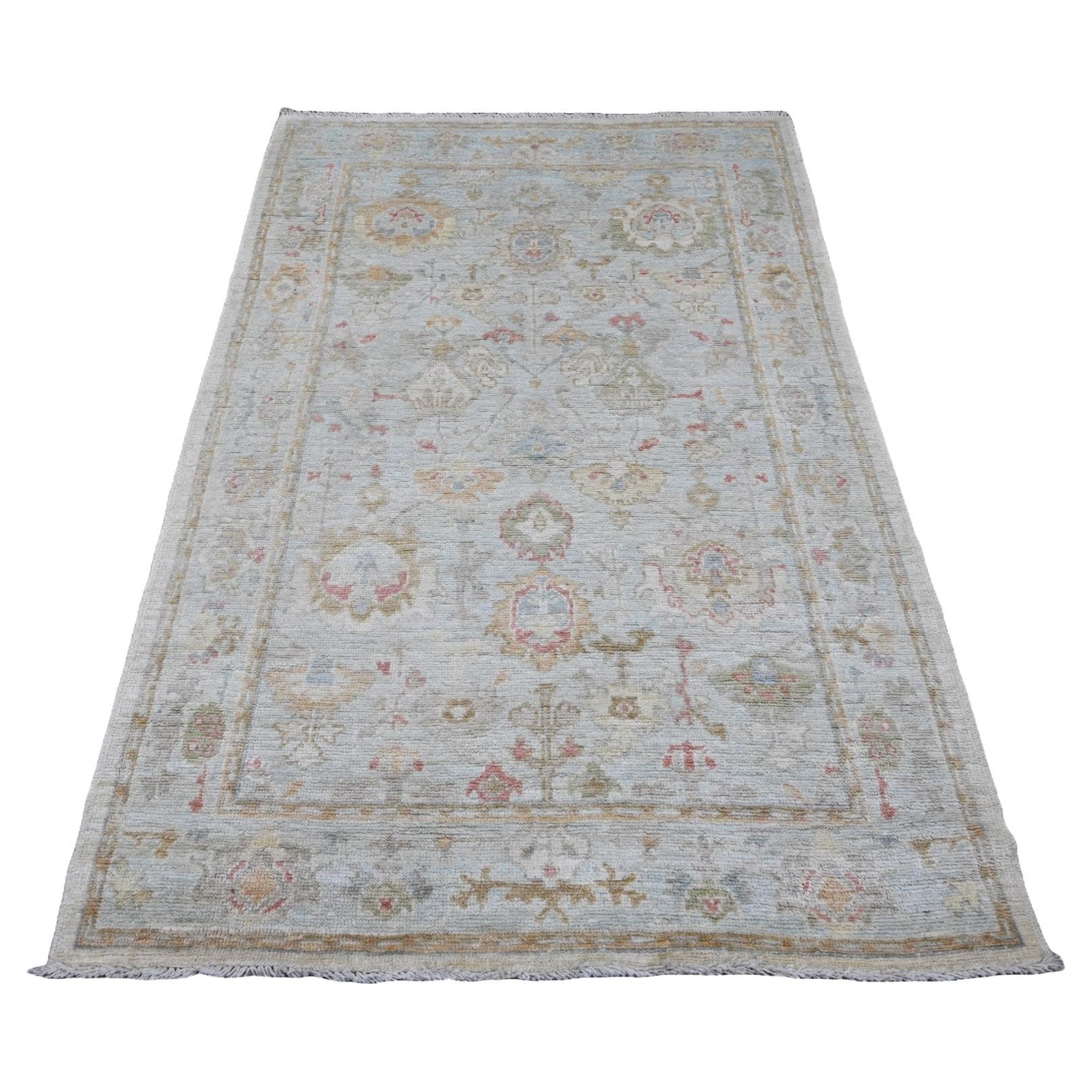 Tappeto orientale in lana 4'1 "x6'7" grigio annodato a mano in angora afgana con design a foglie di Oushak