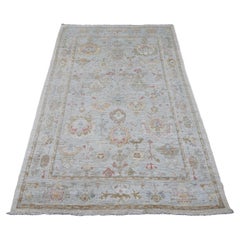 4'1"x6'7" Gray Hand Knotted Afghan Angora Oushak Leaf Design Wool Oriental Rug