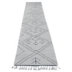 3'x12'8" Weißes marokkanisches Geflecht Geometrisches Design Handgeknüpft Wolle Läufer Teppich