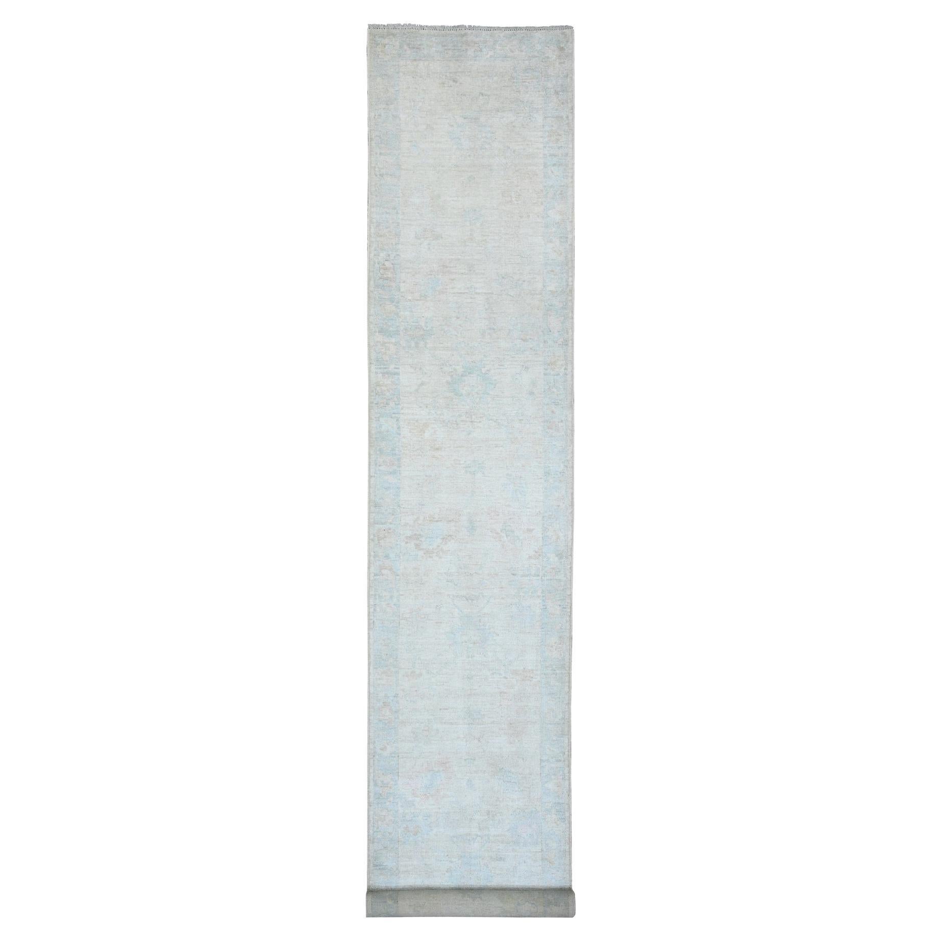 3'x17'2" Weißer handgeknüpfter afghanischer Angora-Oushak-Blatt-Design-Wolle-Läufer-Teppich