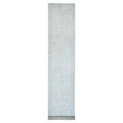 3'x17'2" White Hand Knotted Afghan Angora Oushak Leaf Design Wool Runner Rug