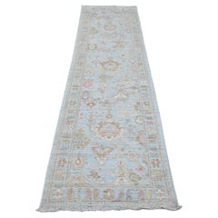 2'9"x9'10" Beau Blue Hand Knotted Afghan Angora Oushak Pure Wool Runner Rug