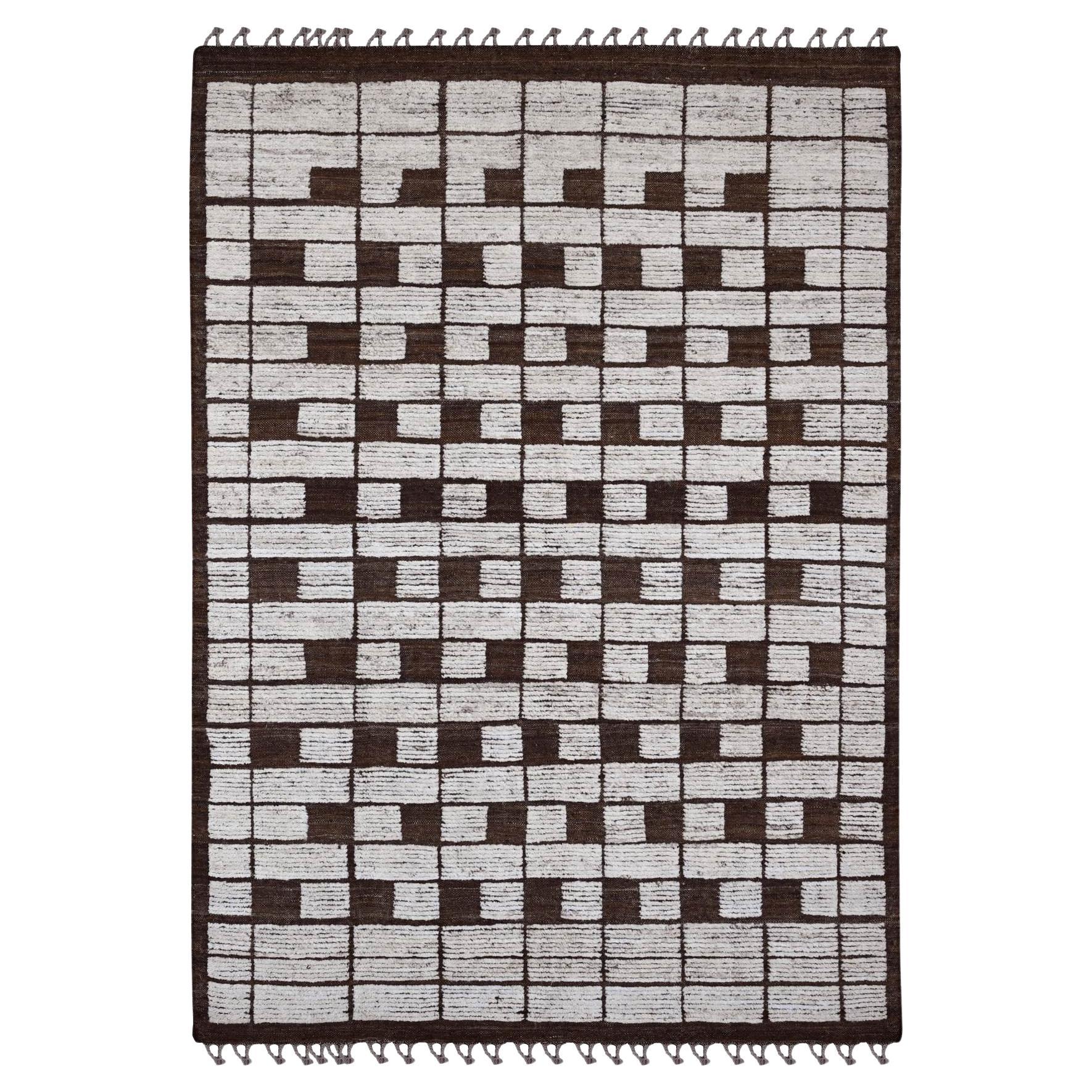 6'4 "x9' Marrone Moroccan Weave Checkerboard Design Wool Tappeto in lana annodato a mano in vendita