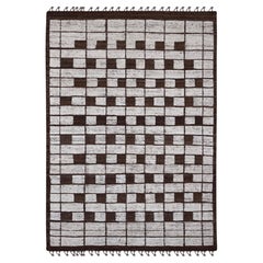 6'4"x9' Brown Moroccan Weave Checkerboard Design Wool Hand Knotted Wool Rug