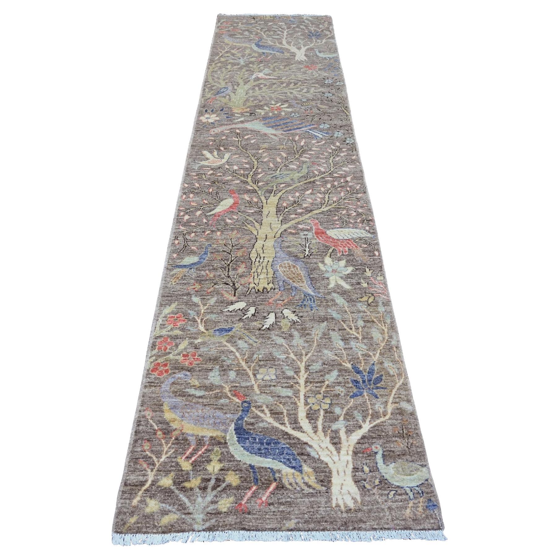 2'8 "x11'9" Tapis de course en laine nouée à la main Brown Peshawar Birds of Paradise Design