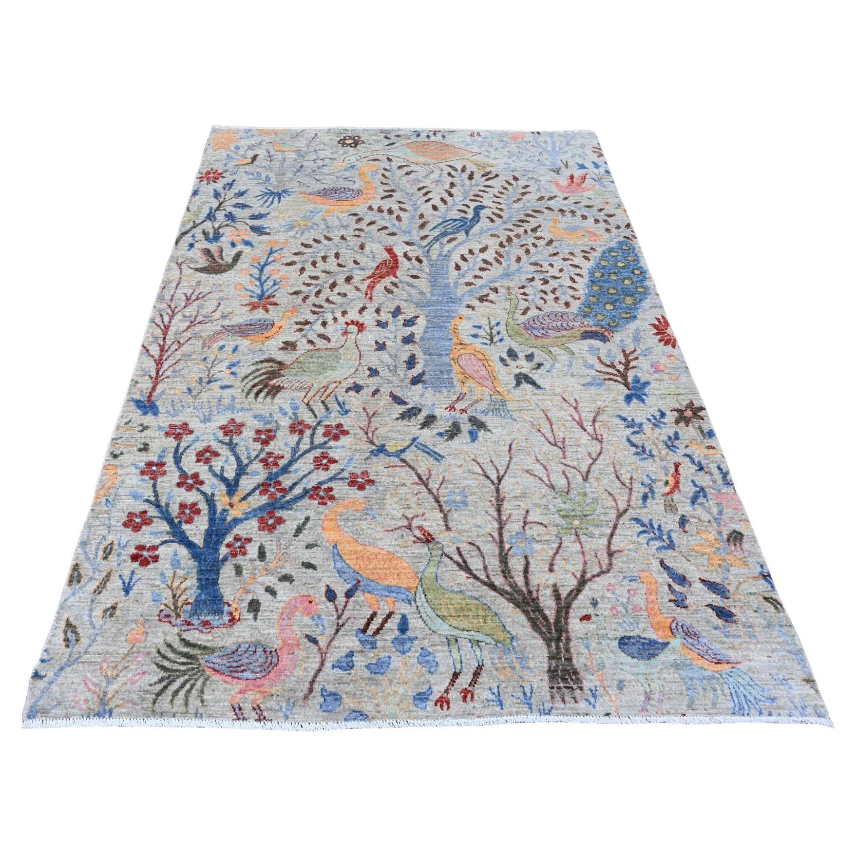5'2"x7'4" Pastel Gray Afghan Peshawar Birds Design Soft Wool Hand Knotted Rug