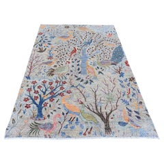 5'2"x7'4" Pastel Gray Afghan Peshawar Birds Design Soft Wool Hand Knotted Rug
