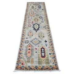 2'7"x9'8" White Caucasian Gul Motifs Pure Wool Hand Knotted Runner Oriental Rug