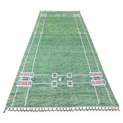 5'1"x12'3" Green Moroccan Weave Line Design Soft Wool Hand Knotted Runner Rug