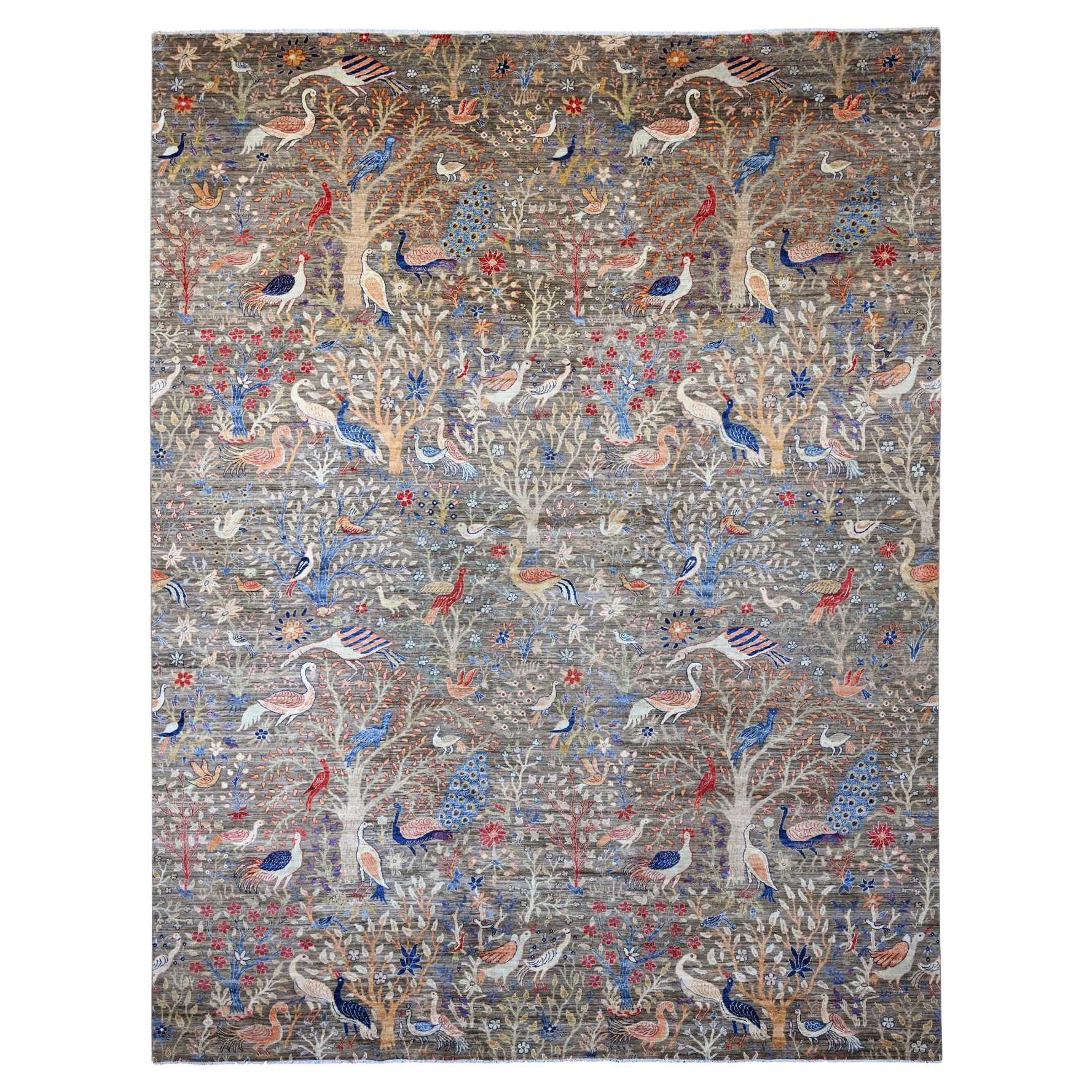 12'x15'4" Brown Afghan Peshawar Birds Design Hand Knotted Soft Wool Oriental Rug