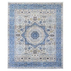 8'1"x9'8" White 14th Century Mamluk Dynasty Pattern Hand Knotted Pure Wool Rug