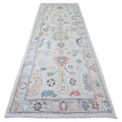 4'1"x11'7" White Afghan Angora Oushak Leaf Design Hand Knotted Wool Runner Rug