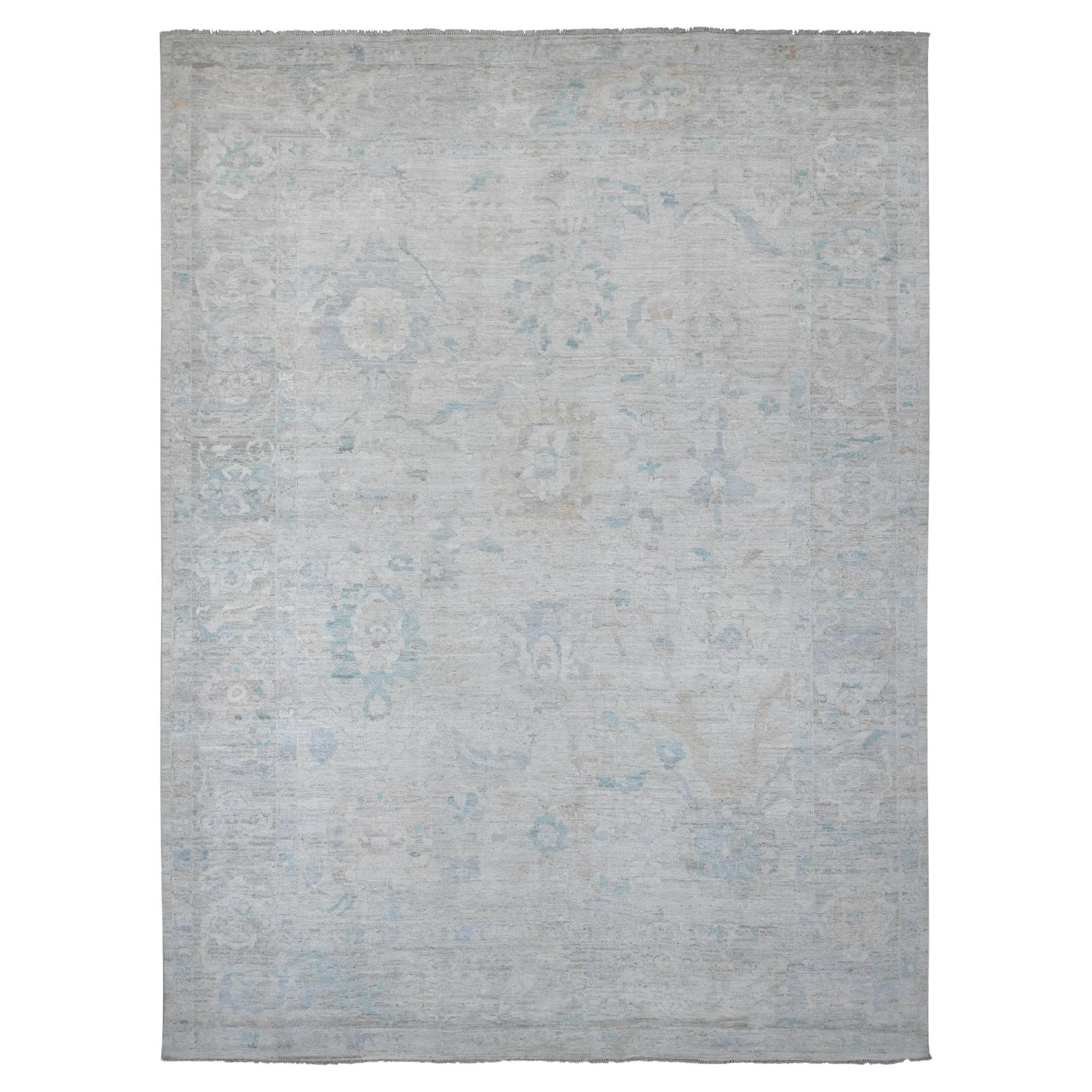 10'x13'4" Weiß Afghan Angora Oushak Leaf Design Hand geknüpft Wolle Orientteppich