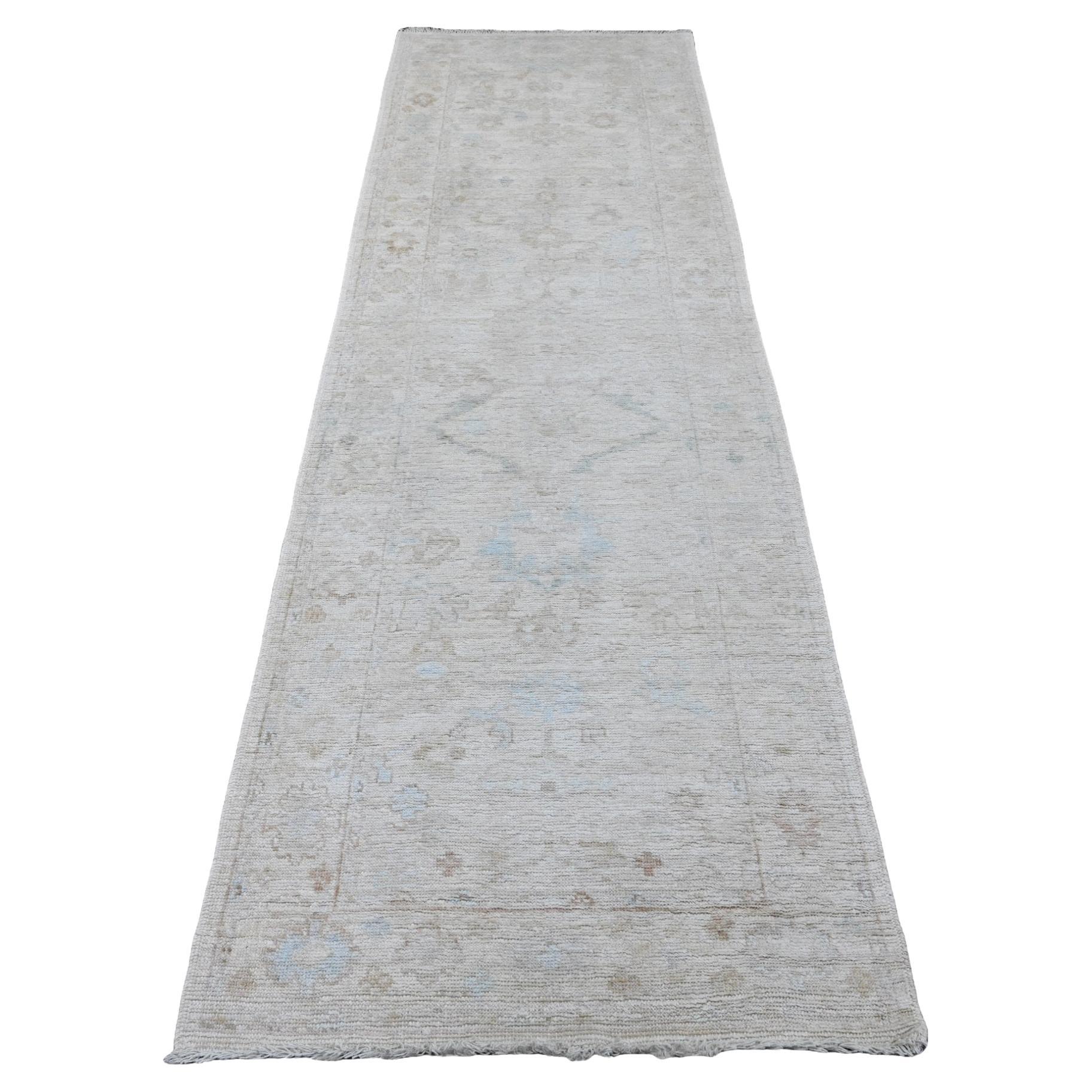 3'x9'9" Weiß Afghan Angora Oushak Hand geknüpft reine Wolle Läufer Orientteppich