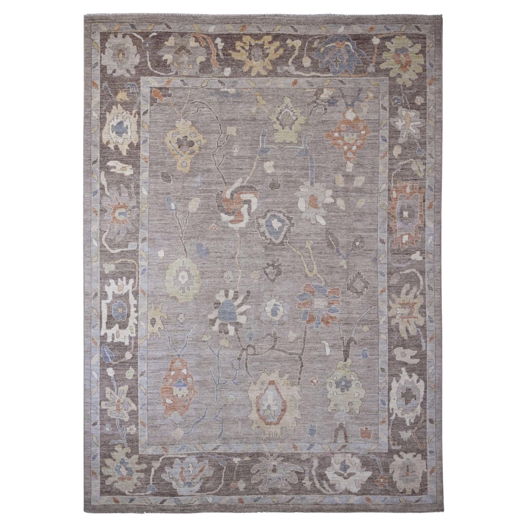 9'10 "x13'6" Grauer Afghanischer Angora Oushak Buntes Blatt Design Handgeknüpfter Wollteppich