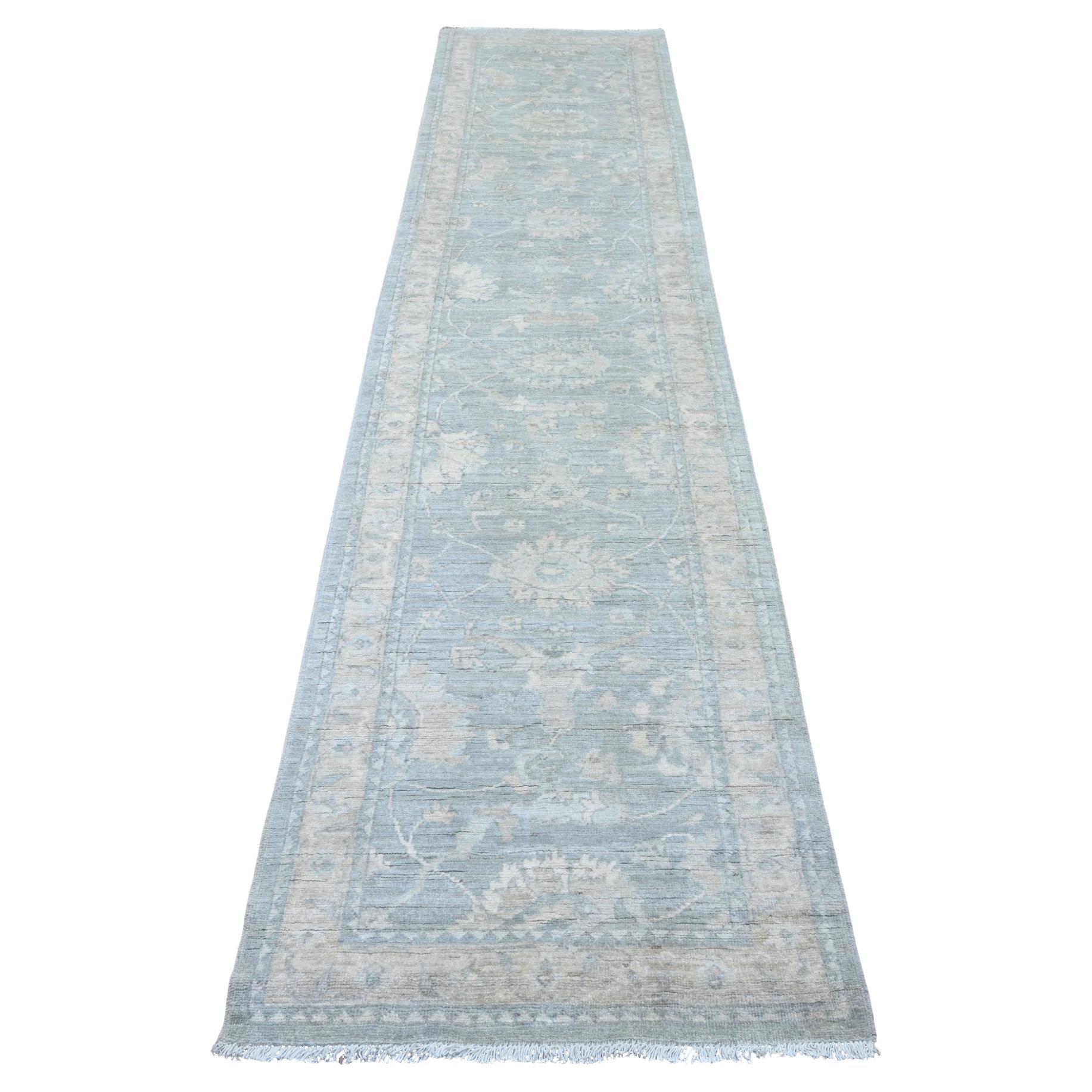 2'8 "x11'7" Grau Stone Washed Peshawar Leaf Design Hand Knotted Wool Runner Rug