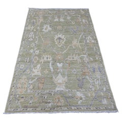 4'x6'1" Sage Green Hand Knotted Afghan Angora Oushak Vines Design All Wool Rug